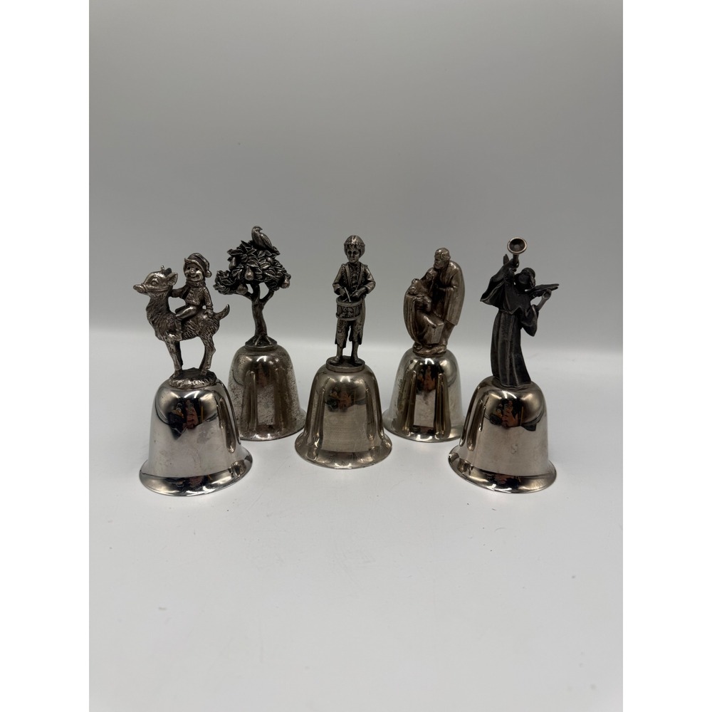 Danbury Mint Christmas Bell Collection Set of 5 Silver Tone Holiday Figurines